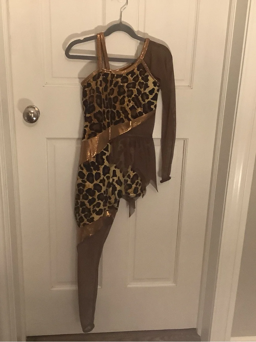 Asymmetrical Leopard-Print One-Shoulder Jumpsuit with Gold Trim